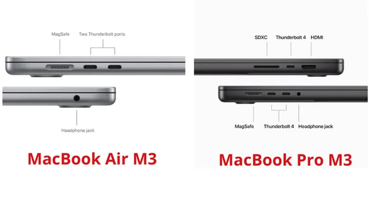So sánh cổng kết nối MacBook Pro M3 và Air M3